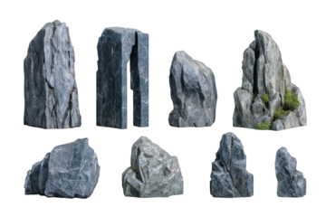 Collection Of Gray Rocks Isolated Against Black Background Showing Various Shapes and Textures in Studio Lighting