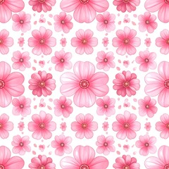 Repeating pattern of stylized, pink flowers on a pure white background