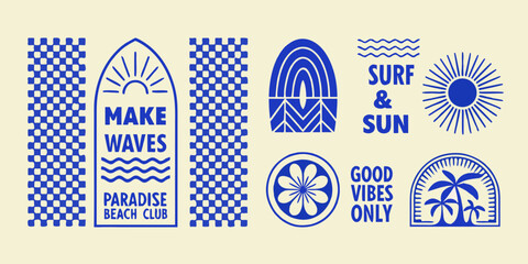 Collection of blue graphic icons and text elements related to summer beach and surf culture