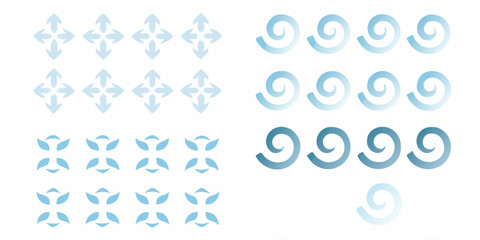 Collection of light blue abstract directional arrows and swirling wave elements on a white background
