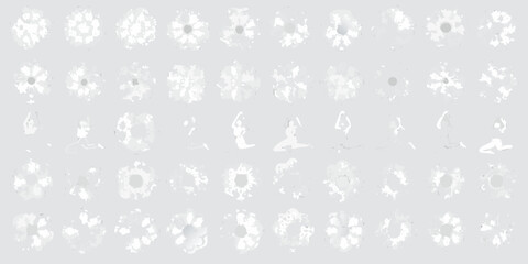 Collection of abstract floral patterns and graceful yoga poses in white on a light gray background