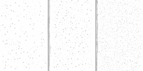 Three panels of white backgrounds with scattered gray dots and irregular shapes representing snow or confetti