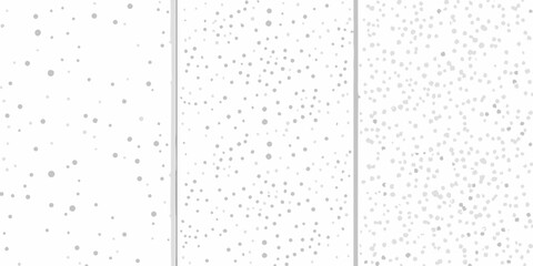 Three different patterns of scattered grey dots and circles on a white background
