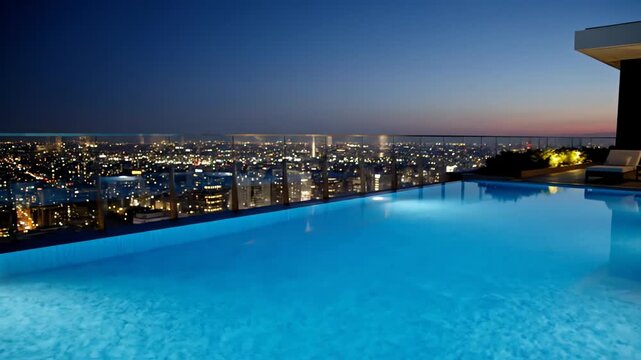 Luxury rooftop infinity pool at twilight with a panoramic city skyline view. Serene aqua water reflects the vibrant urban lights creating a relaxing