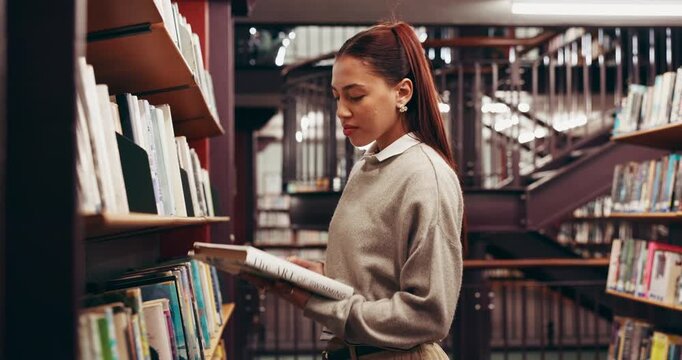 Books, college and woman in library for education, learning or research with knowledge. Studying, project and female student with academic information for university exam or assignment on campus.