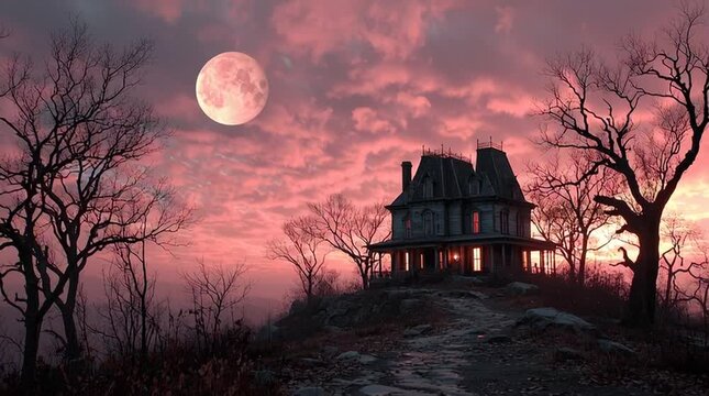 Dramatic wide cinematic view of a derelict Victorian mansion on a lonely hill, silhouetted against a stormy twilight sky and pale full moon. One warm light glows in a broken window. Gnarled trees ampl