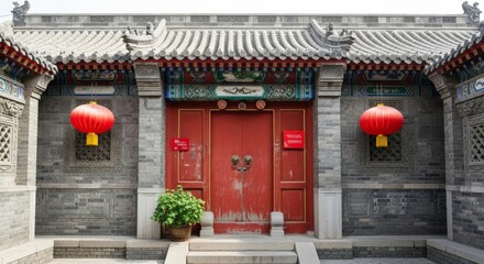 Explore the vibrant red door and lanterns of a traditional Chinese building with its unique cultural architecture