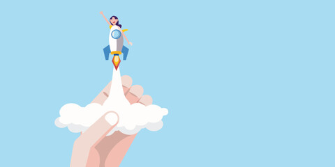 Woman in a rocket launching from a hand with clouds and blue sky background