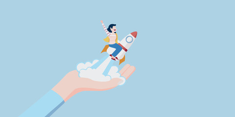 Person riding a rocket launched from an open hand symbolizing startup success and new beginnings