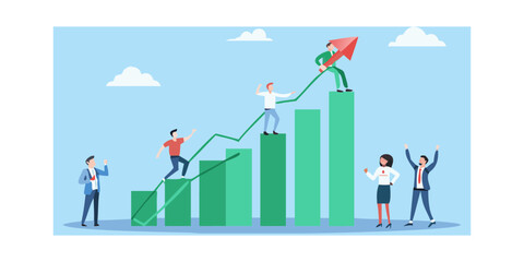 Business team celebrating success and growth on a rising bar chart with an upward arrow