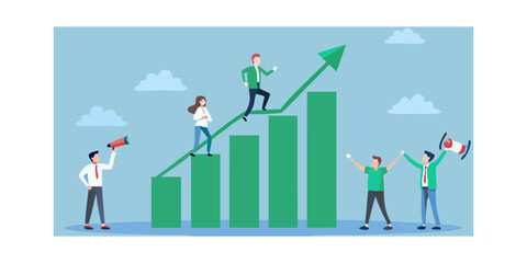 Diverse team celebrating business growth and success on a rising bar chart with an upward arrow