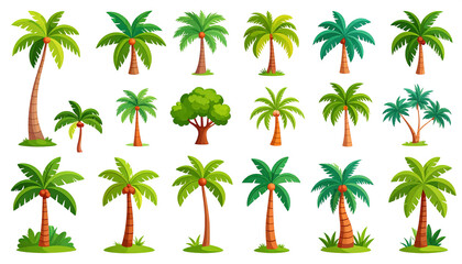 Set of palm tree stickers, colorful tropical plants and exotic jungle flora, cartoon style, isolated transparent background.