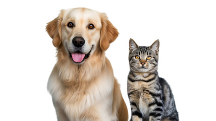 Fototapeta premium Golden Retriever and Tabby Cat, Together, cutout, PNG isolated on white or transparent background