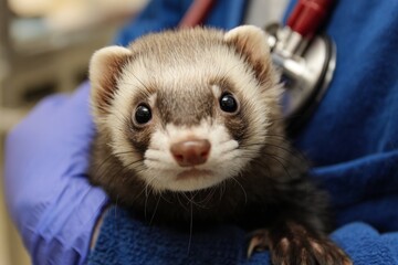 A small ferret with bright eyes is being held by a veterinarian wearing gloves in a clinic. The setting is calm and clean, indicating a routine health check