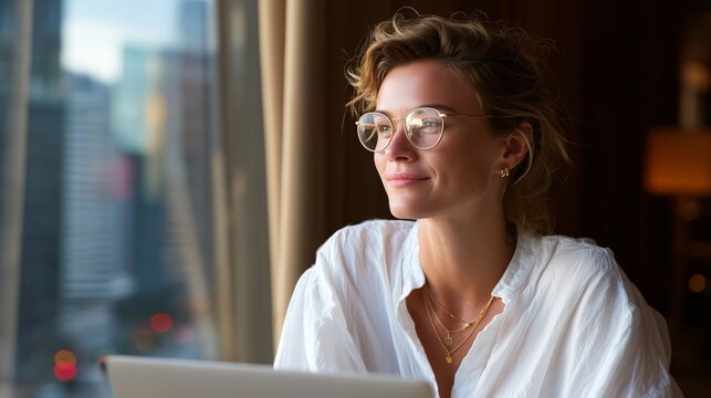 Woman working on a laptop in a modern hotel room with a city view during daytime - Powered by Adobe