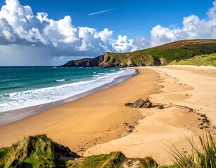Scenic coastal landscape featuring a sandy beach, turquoise sea, and rolling hills