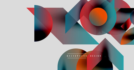 Abstract geometric shapes overlap, creating dynamic composition. Colors blend, offering modern visual experience. Background is light gray.
