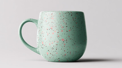 A stylish mint green ceramic mug with pink speckles, displayed as a clean and modern mockup on a neutral background