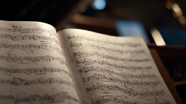 Open sheet music with treble and bass staves full of notes on a music stand.