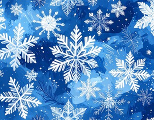 Repeating pattern of white snowflakes over a blue watercolor background