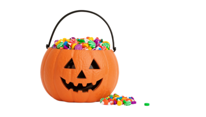 A Halloween pumpkin bucket filled with colorful candy on a white background, ready for trick-or-treaters