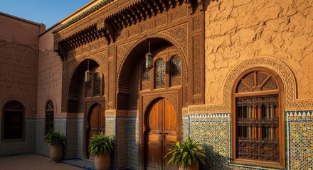 Explore Morocco's stunning architecture with intricate wood carvings and vibrant tilework in a captivating courtyard