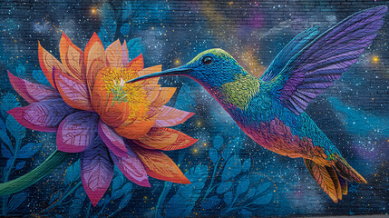 A vibrant mural featuring a giant hummingbird hovering near a cosmic galaxy-inspired flower, detailed and colorful street art style