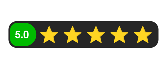 Five star rating bar with numeric label 5.0, perfect review feedback score symbol for customer satisfaction and quality service, PNG with transparent background