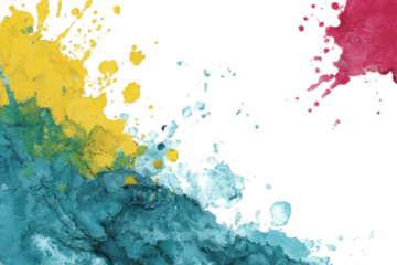 Abstract Paint Splatter Composition in Yellow Teal and Magenta Hues on Black Background