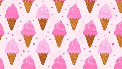 Repeating pink ice cream cone pattern with heart details