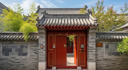 Fototapeta premium Explore an authentic Chinese courtyard with an ornate red door, revealing cultural heritage and traditional design