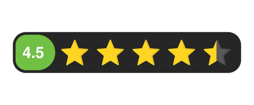 Four and a half star rating bar with numeric label 4.5, high customer review feedback score symbol for trust and quality, PNG with transparent background