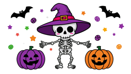 Charming Halloween illustration featuring a cute skeleton, pumpkins, and bats, perfect for festive designs