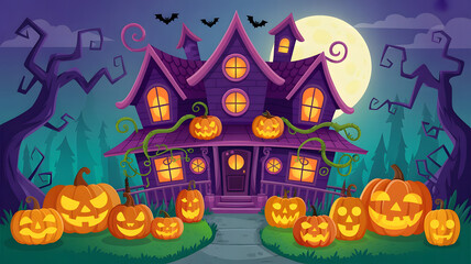 Haunted House with Glowing Pumpkins and Full Moon