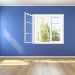 Fototapeta premium Sunlight Streaming Through Open Window in Blue Room Interior Design