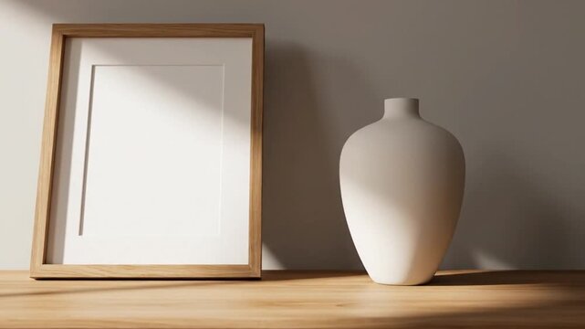 静寂な空間：ミニマルなテーブル上の花瓶と空の額縁