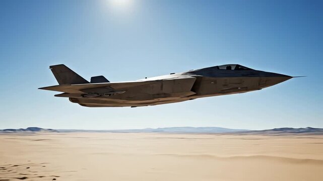 Jet Aircraft Flying Low Over Desert Landscape on Bright Day in Cinematic Aerial Footage capturing military fighter jets gracefully maneuvering above