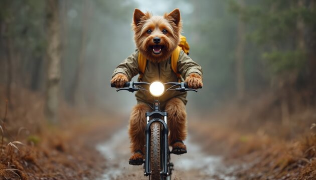 Fluffy dog rides bike on forest road. Furry terrier in khaki jacket and yellow backpack rides bicycle with lit headlight on dirt trail. Dog looks happy with mouth open and tongue out. - Powered by Adobe