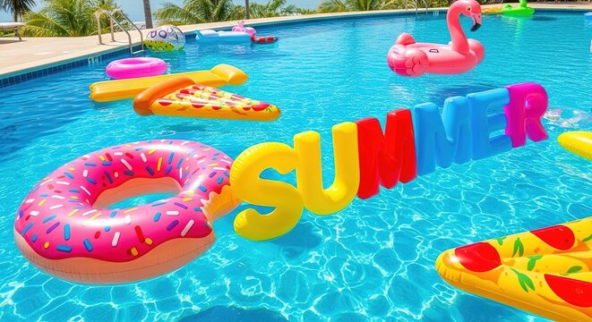 Colorful Inflatable Toys Floating in a Sunny Swimming Pool.