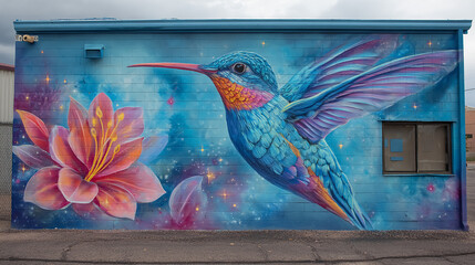 A vibrant mural featuring a giant hummingbird hovering near a cosmic galaxy-inspired flower, detailed and colorful street art style