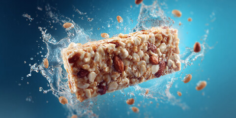 Energy granola bar splash composition with nuts and honey cereal exploding in dynamic water motion - AI generated