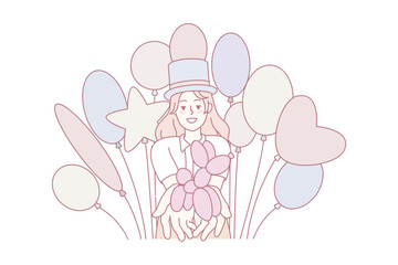 Smiling young woman selling balloons. Happy female seller promoting helium balloons and figures. Flat vector illustration.