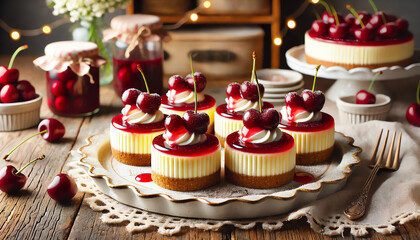 A beautifully arranged set of mini cherry cheesecakes, each with a buttery graham cracker crust, creamy vanilla cheesecake filling