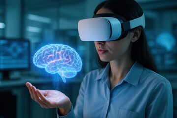 Virtual Reality Exploration: A professional woman with VR glasses delicately interacts with a holographic projection of a human brain, symbolizing innovation, data visualization.