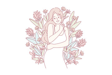 Happy woman hugging herself surrounded by flowers. Smiling girl feeling self-confident and optimistic. Body positive and love yourself concept. Vector illustration.