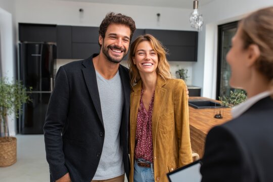 A smiling couple explores a stylish kitchen during a home tour with a real estate agent. They appear excited and engaged in the conversation about the property
