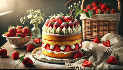 A beautifully crafted strawberry shortcake with layers of golden sponge cake, fluffy whipped cream, and fresh sliced strawberries