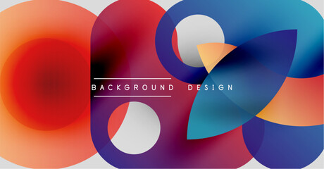 Abstract colorful shapes overlap. Gradient hues blend, creating dynamic visual effect. Text reads background design. Modern composition.