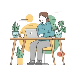 Remote Worker Using Laptop at Desk with Houseplants Home Office Flat Vector Illustration