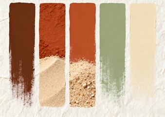 A rich, earthy color palette featuring deep browns, terracotta, and sandy neutrals paired with a soothing sage green, evoking a natural, grounded aesthetic.